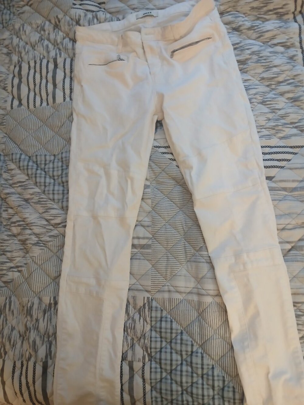 MEXX White Low Rise Moto Skinny Pants Silver Zip Pockets Size 40 Y2K